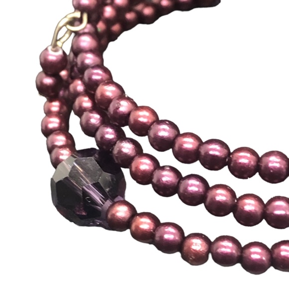 Eggplant Purple Faux Pearl 3 Coil Strand Wrap Bracelet - Picture 12 of 15